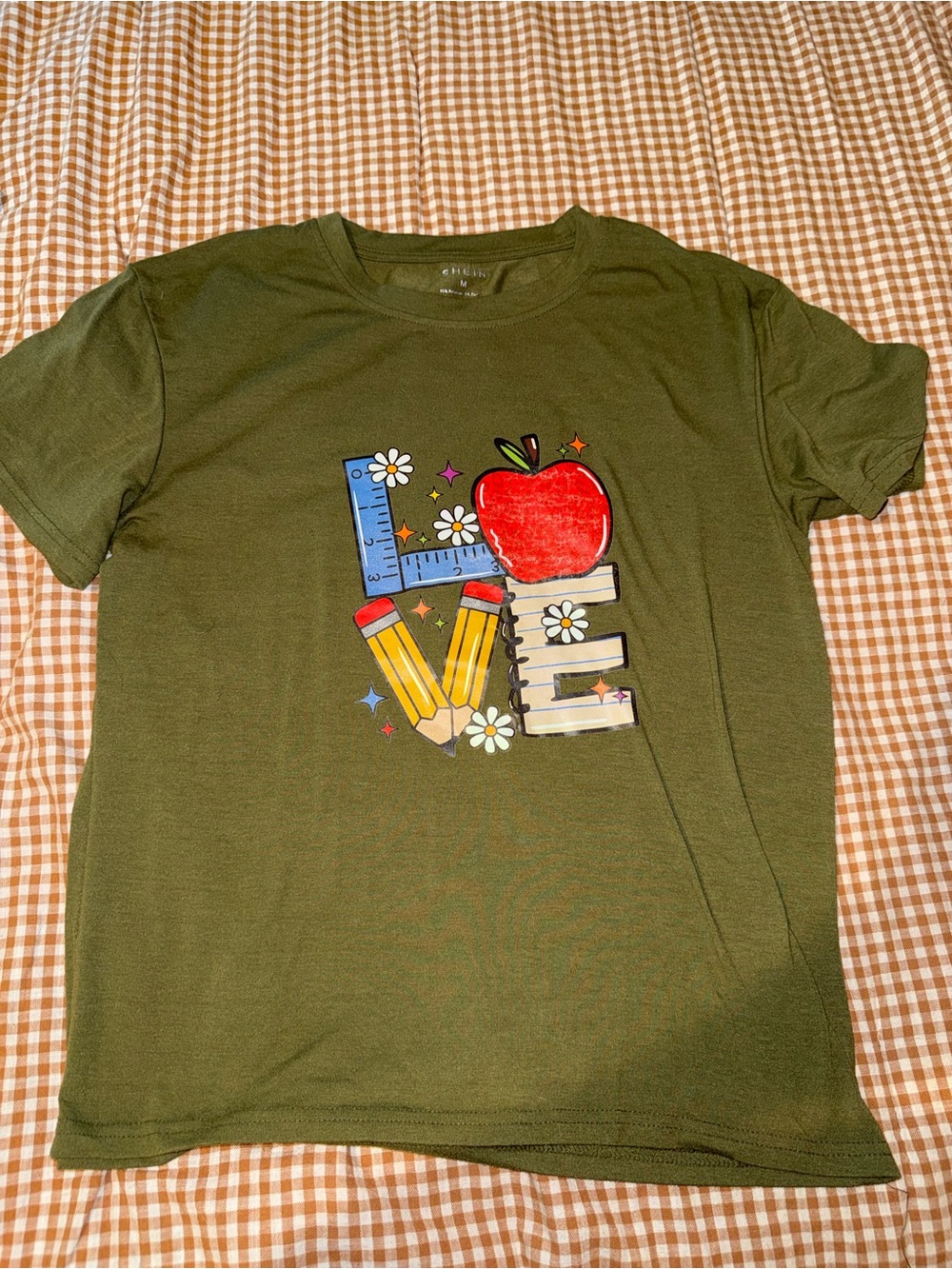SHEIN Olive Green 'LOVE' School Graphic Short Sleeve Tee